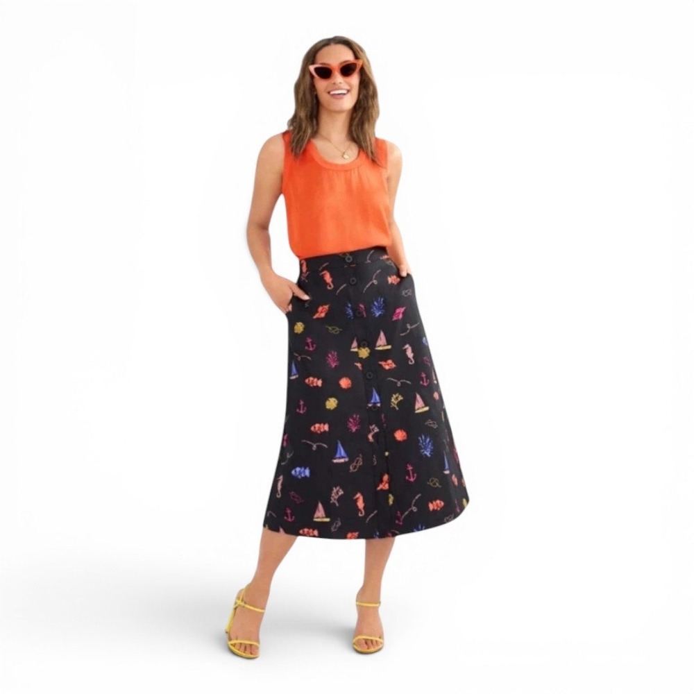 Cabi Catalina Midi Skirt Nautical Print Button Front Cotton Stretch Size L Large